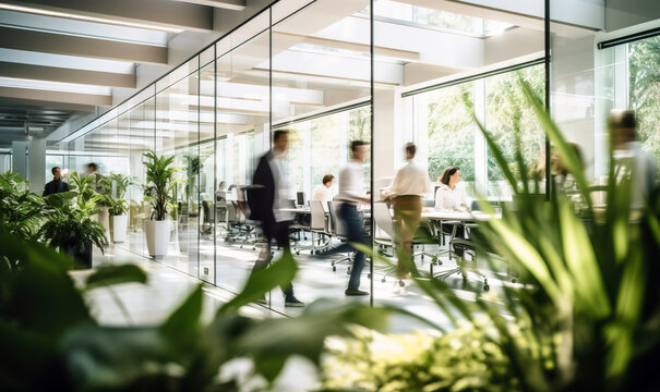 The studio at work, glass-walled offices in daylight